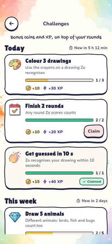 Drawzo app screen: Challenges for coins