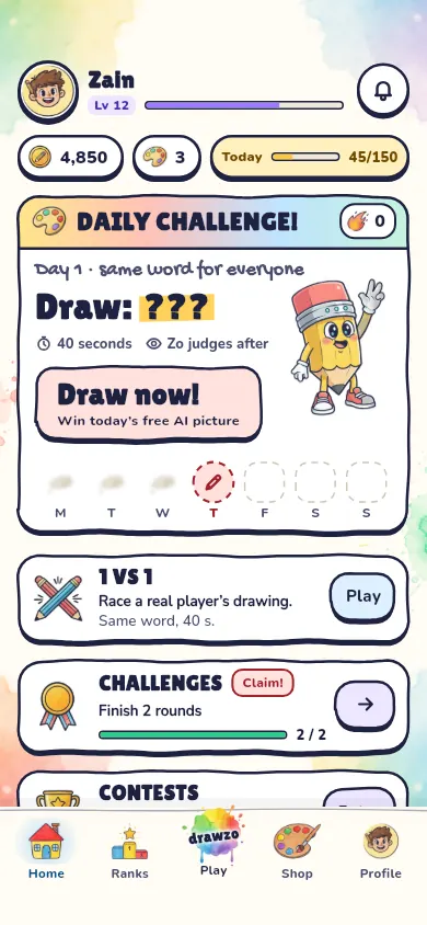 Drawzo app screen: Your daily challenge and modes